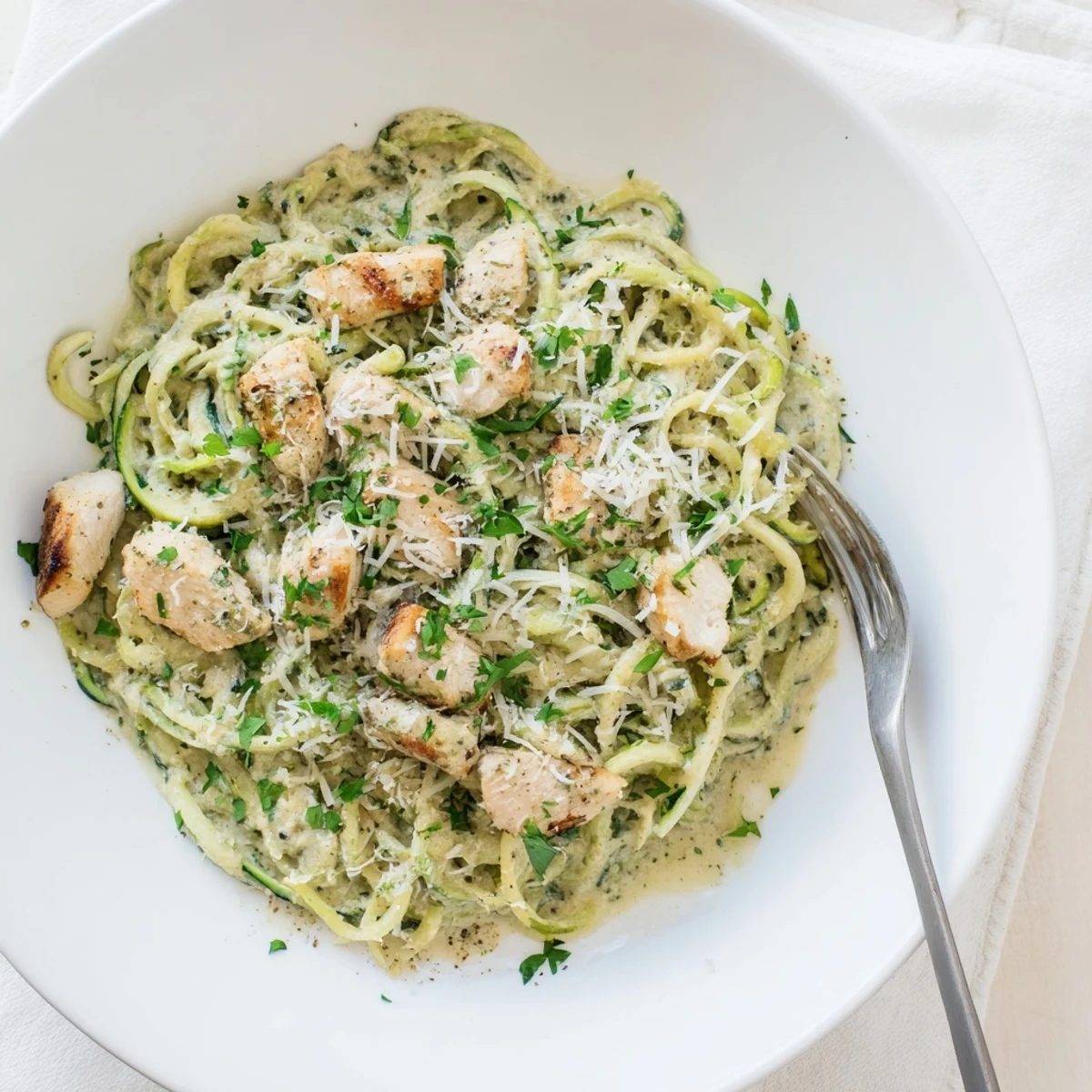 Tender slices of golden sautéed chicken rest atop a creamy Alfredo sauce tossed with fresh zucchini noodles and parsley garnish.