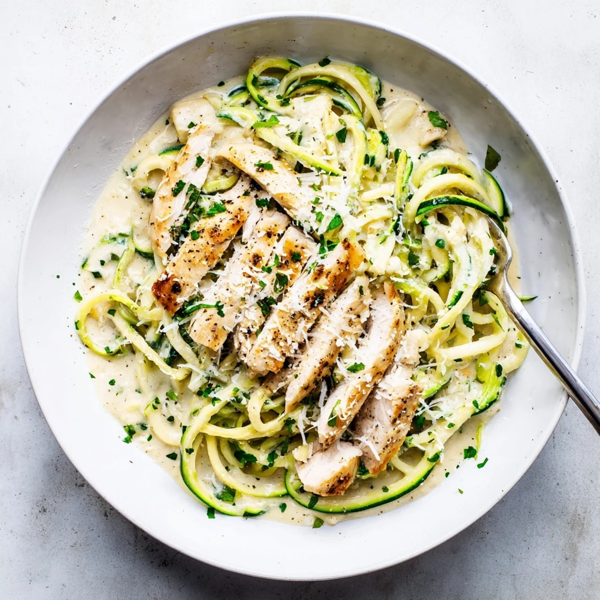 A low-carb skillet meal showcases spiralized zucchini noodles coated in velvety Parmesan Alfredo sauce with juicy chicken strips.