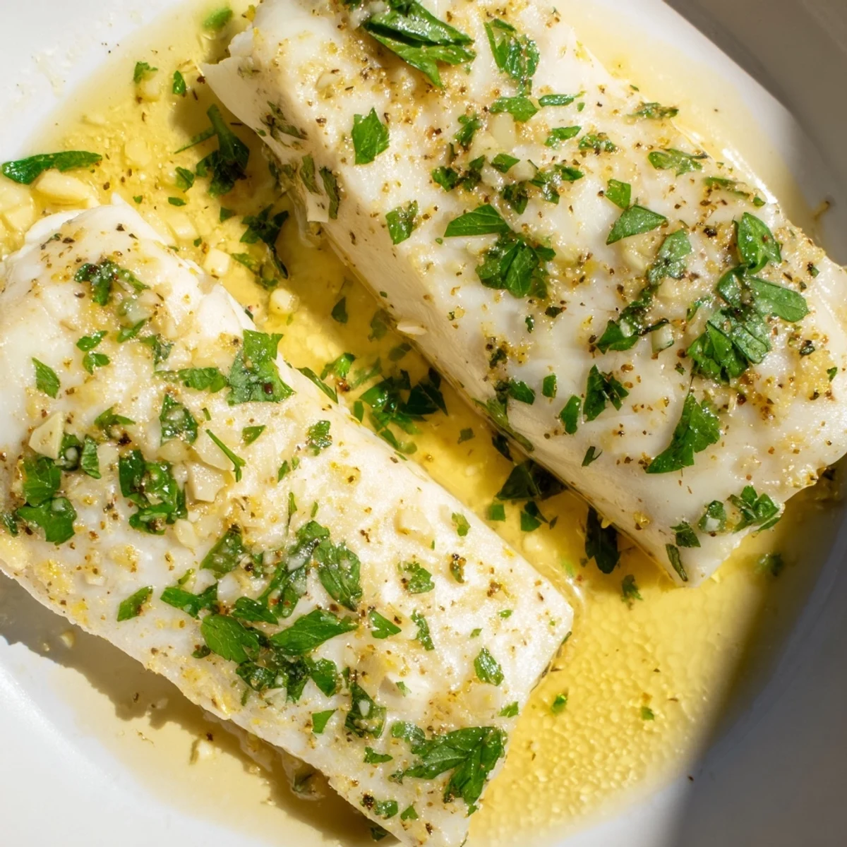 Golden-brown halibut fillets coated in a rich, melted garlic butter sauce, garnished with fresh parsley and lemon wedges on a white plate.  