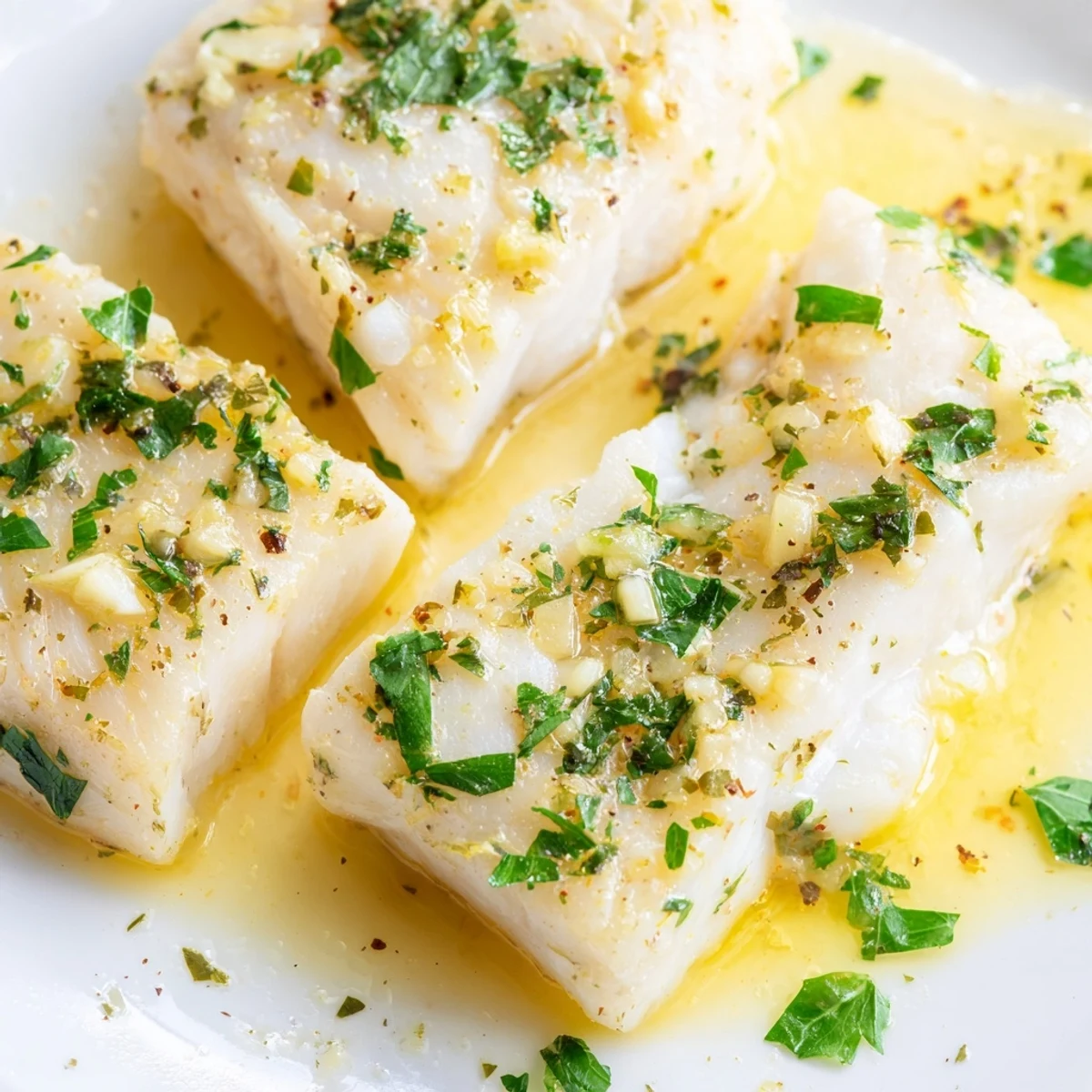 A close-up of juicy Baked Halibut with Garlic, drizzled with buttery sauce and sprinkled with vibrant lemon zest and parsley.