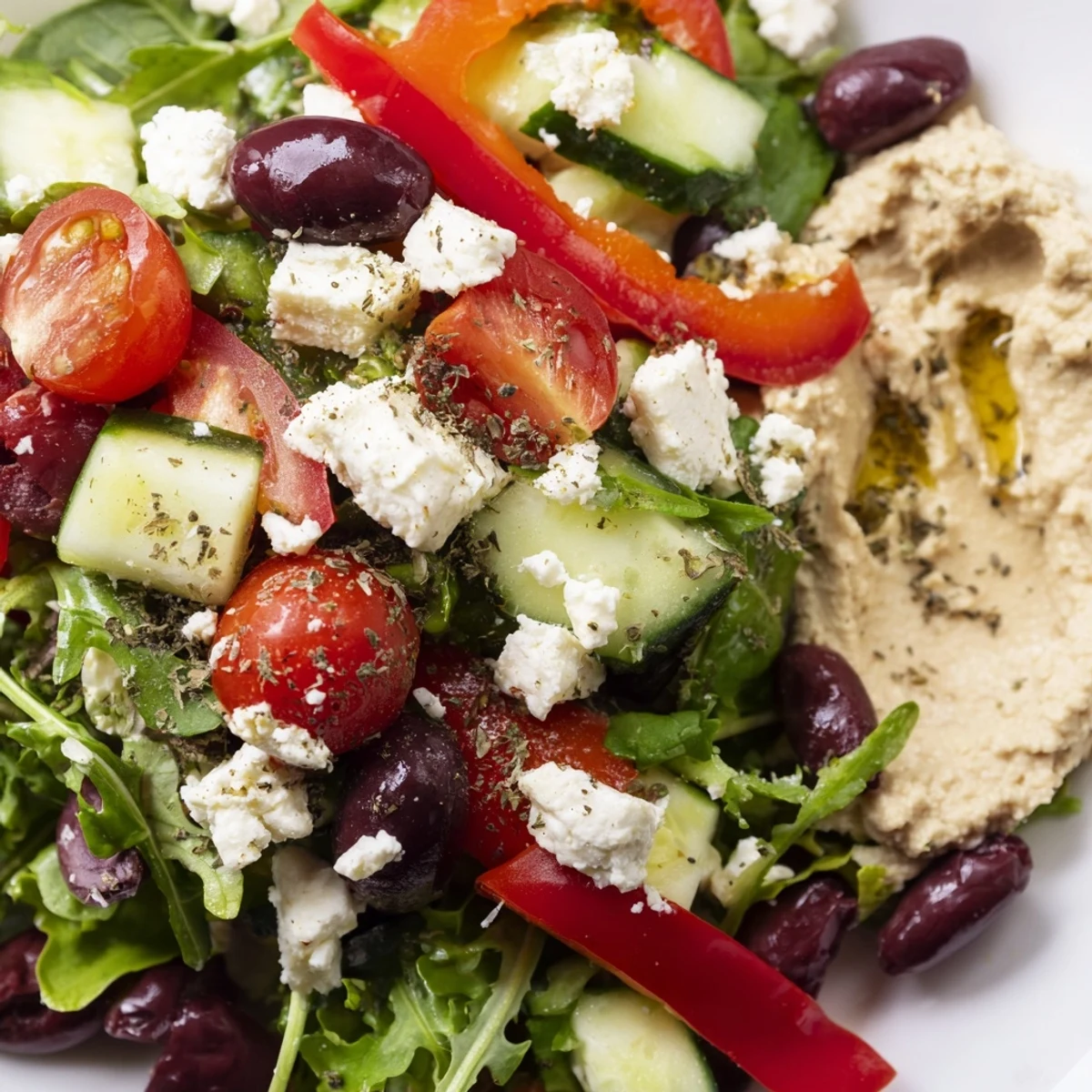 A vibrant bowl of Mediterranean Salad with Hummus showcases Kalamata olives, red bell pepper, and tangy feta, ready for a light, refreshing lunch.