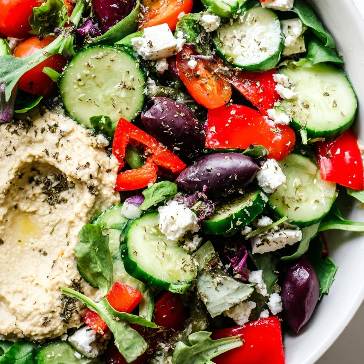 Close-up of Mediterranean Salad with Hummus reveals crunchy vegetables and smooth chickpea spread, drizzled with olive oil and perfect for a healthy side dish.