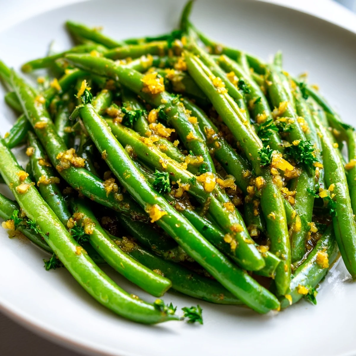 Tender green beans for a healthy side dish, topped with fresh lemon juice and chopped parsley for bright flavor.