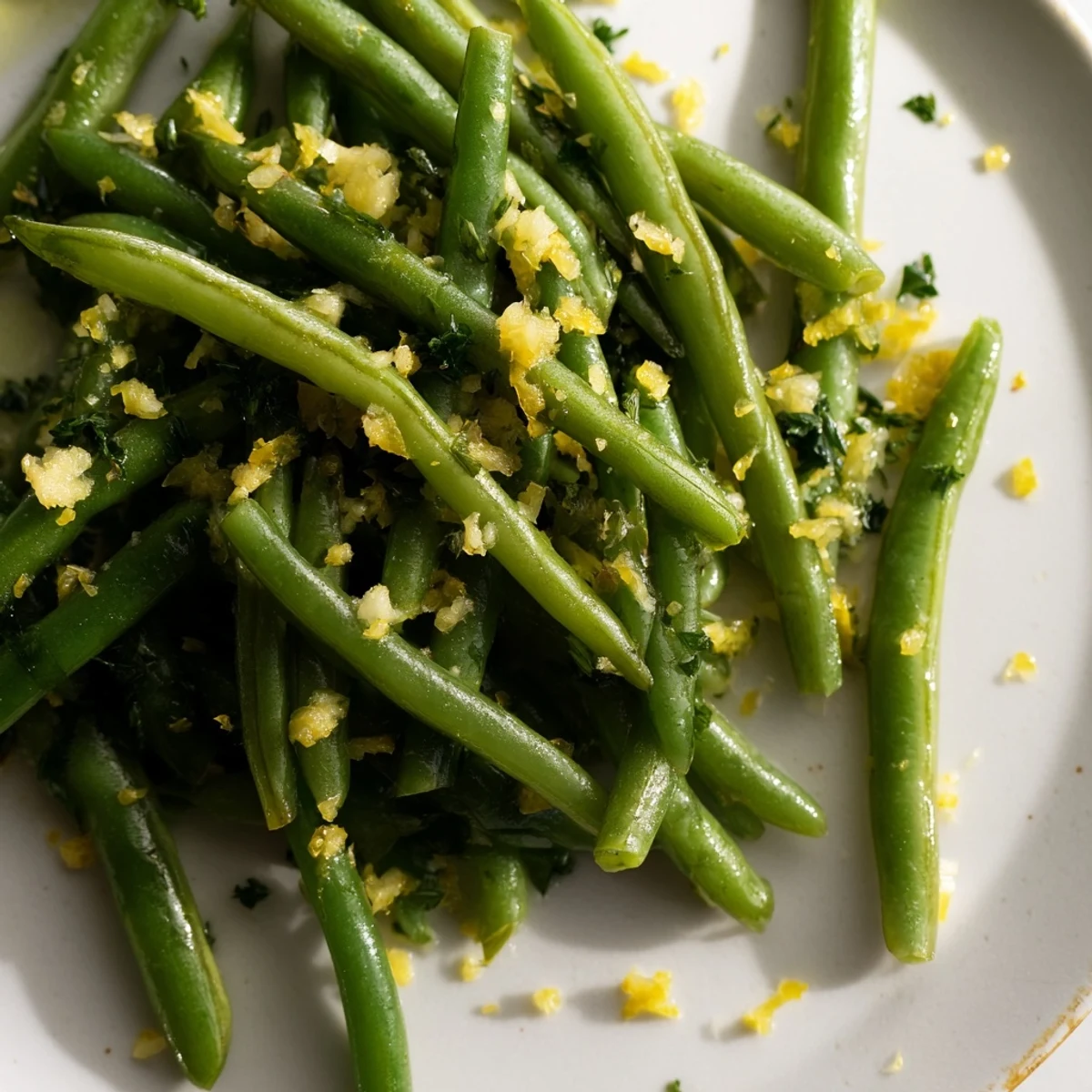 Vibrant green beans glisten in a skillet, sautéed with minced garlic and tossed with fresh lemon zest, ready to serve.