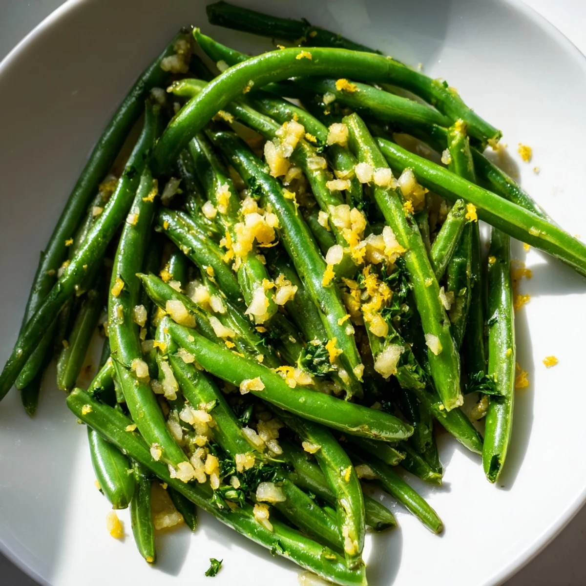 Close-up of green beans, crisp and sautéed, with fragrant garlic and a sprinkling of lemon zest in the pan.