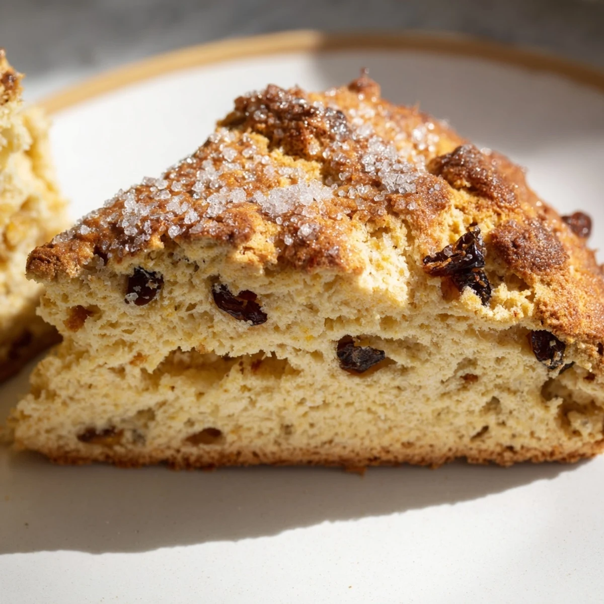 Warm Irish Soda Bread Scones with Currants cooling on a wire rack, displaying a golden brown crumb and buttery texture.
