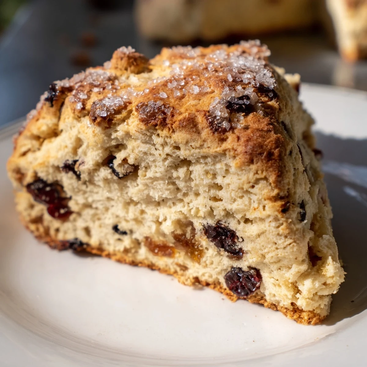 Flaky Irish Soda Bread Scones with Currants served on a floral plate with a steaming cup of black tea.