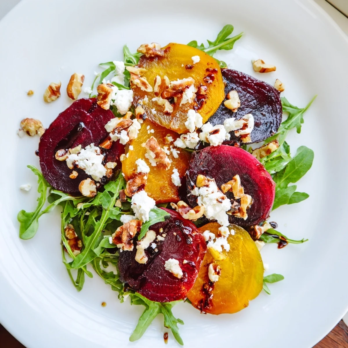 Freshly roasted red and golden beets, crumbled goat cheese, and toasted walnuts are arranged on vibrant arugula for a Valentine beet and goat cheese salad.