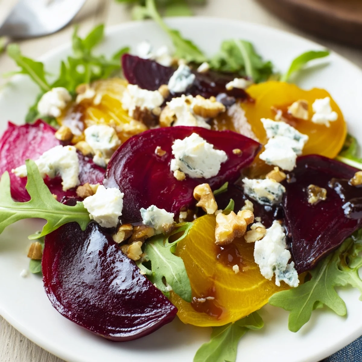 Heart-shaped golden and red beets paired with crumbled goat cheese and walnuts on arugula, showcasing a stunning Valentine beet and goat cheese salad.