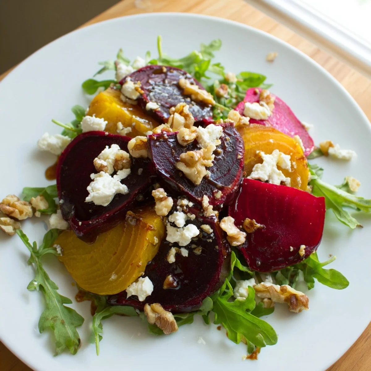 Sliced roasted beets and creamy goat cheese topping a bed of mixed greens, with balsamic dressing ready to drizzle on this romantic Valentine salad.