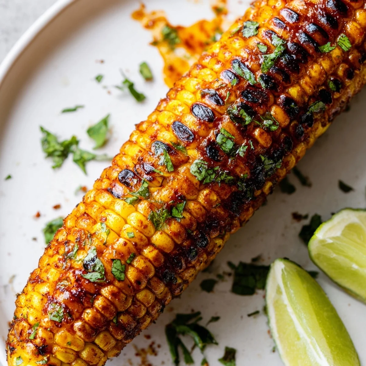 Cajun Spiced Grilled Corn on the Cob sits charred and golden on a plate, slathered with bold, smoky butter and sprinkled with fresh parsley and lime wedges.