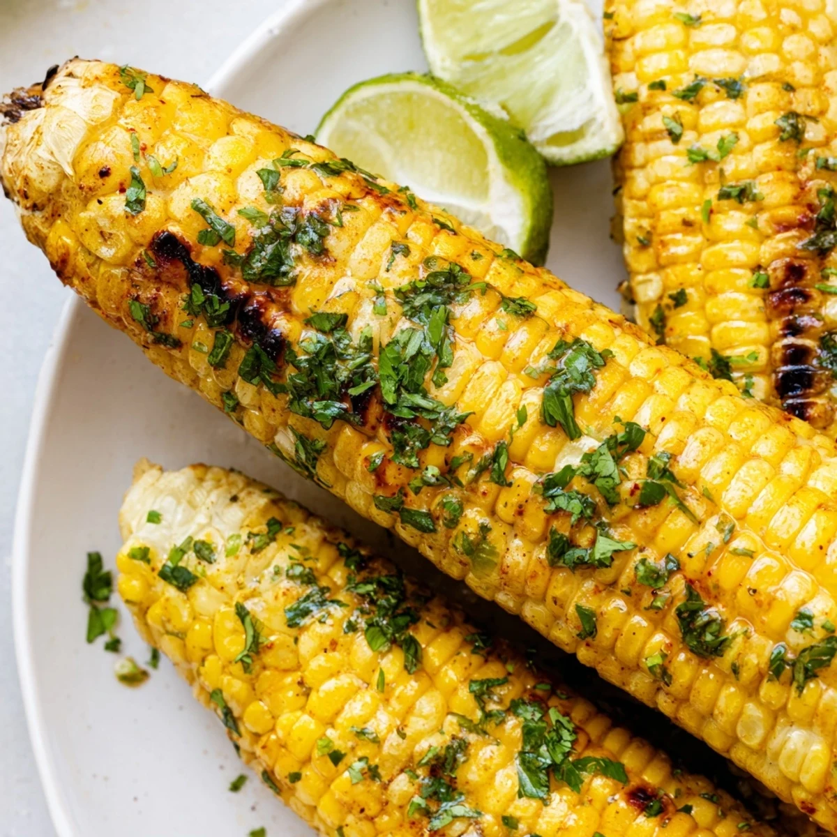 Four ears of Cajun Spiced Grilled Corn on the Cob feature crackling char marks, bright green parsley, and zesty lime wedges for serving.