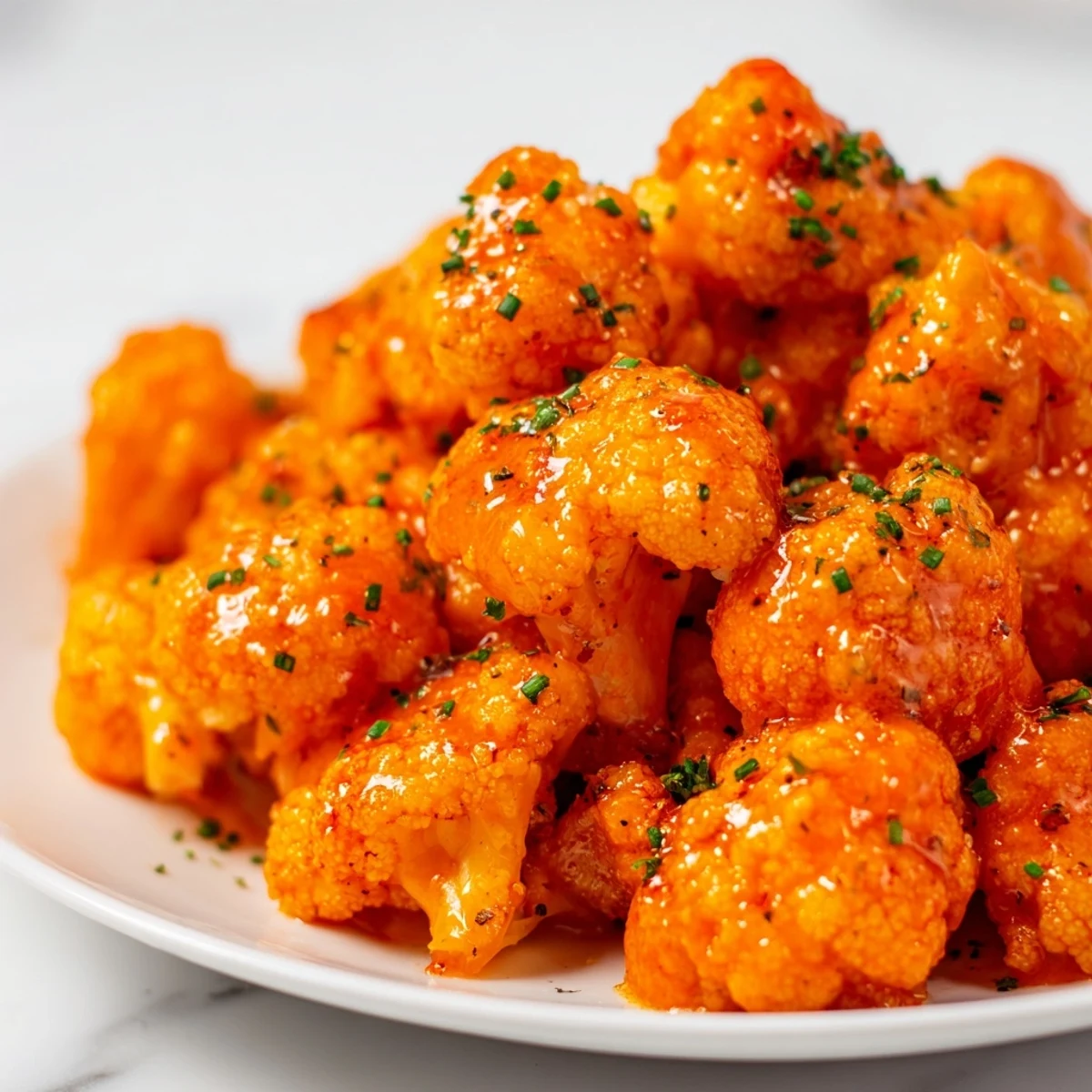 Golden-brown, spicy Championship Buffalo Cauliflower Bites with a crispy coating, served on a platter with creamy ranch dip and fresh celery sticks.