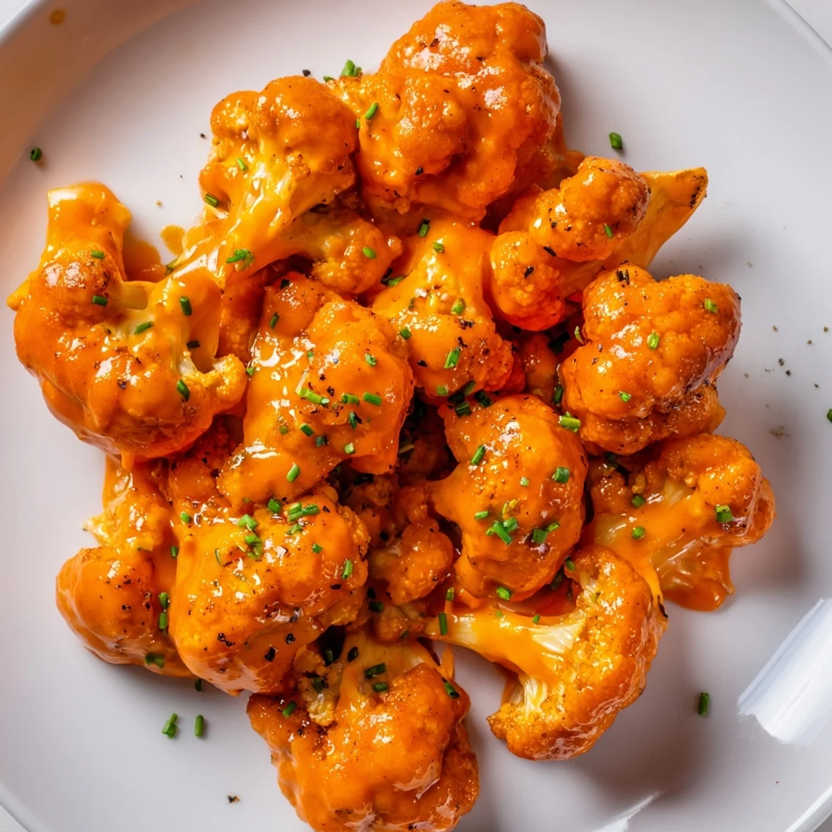 Championship Buffalo Cauliflower Bites baked to crispy perfection, arranged on a wooden board with dipping sauces and colorful vegetable sticks for a game day appetizer.