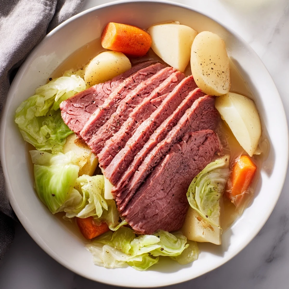 Sliced St. Patrick’s Day Halal Corned Beef on a platter, surrounded by boiled root vegetables and savory broth.