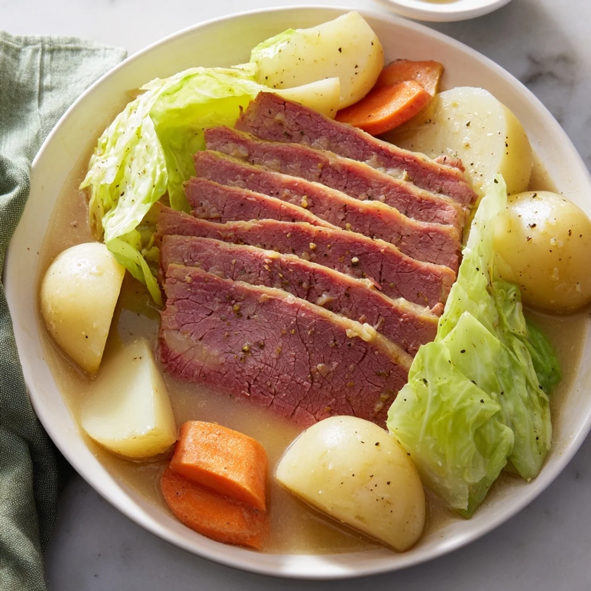 Golden halal corned beef brisket simmers in spiced broth with green cabbage wedges for a festive Irish meal.