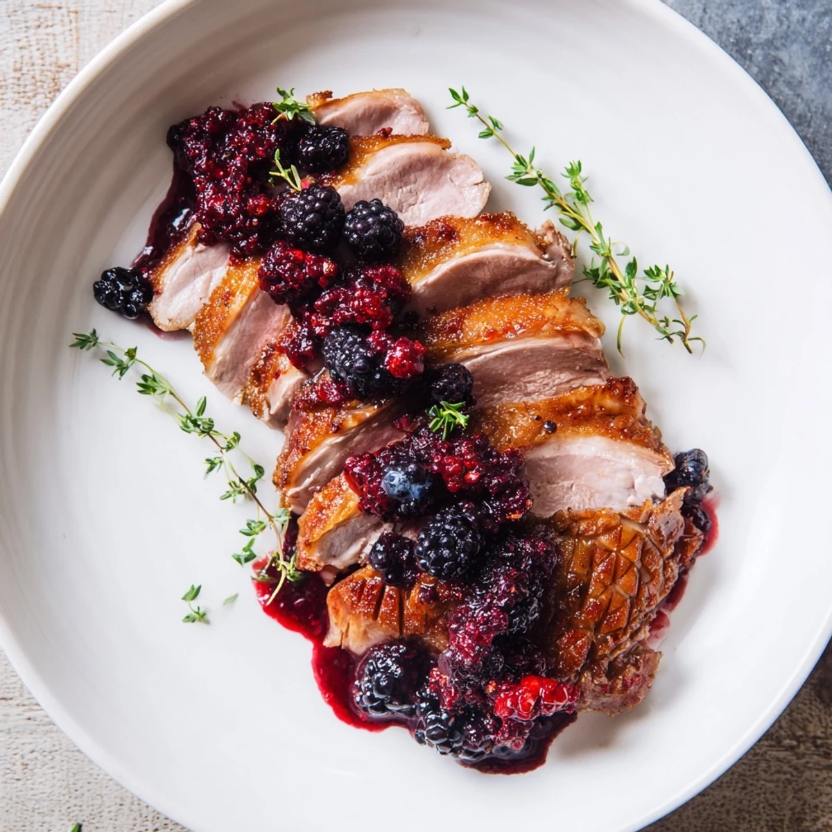 Two roasted duck breasts with crispy skin, sliced and fanned on a plate, generously drizzled with a glossy, deep purple berry sauce and fresh thyme garnish.