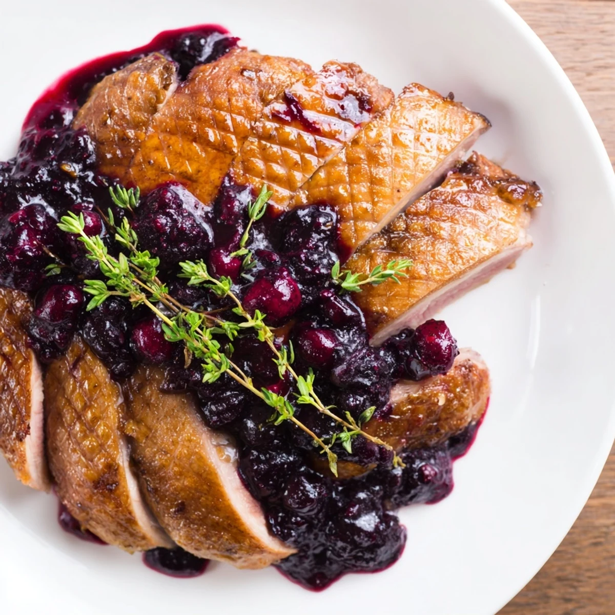 Golden-brown duck breast medallions resting beside a rich, simmering berry reduction sauce, perfect for a romantic, gluten-free main course.