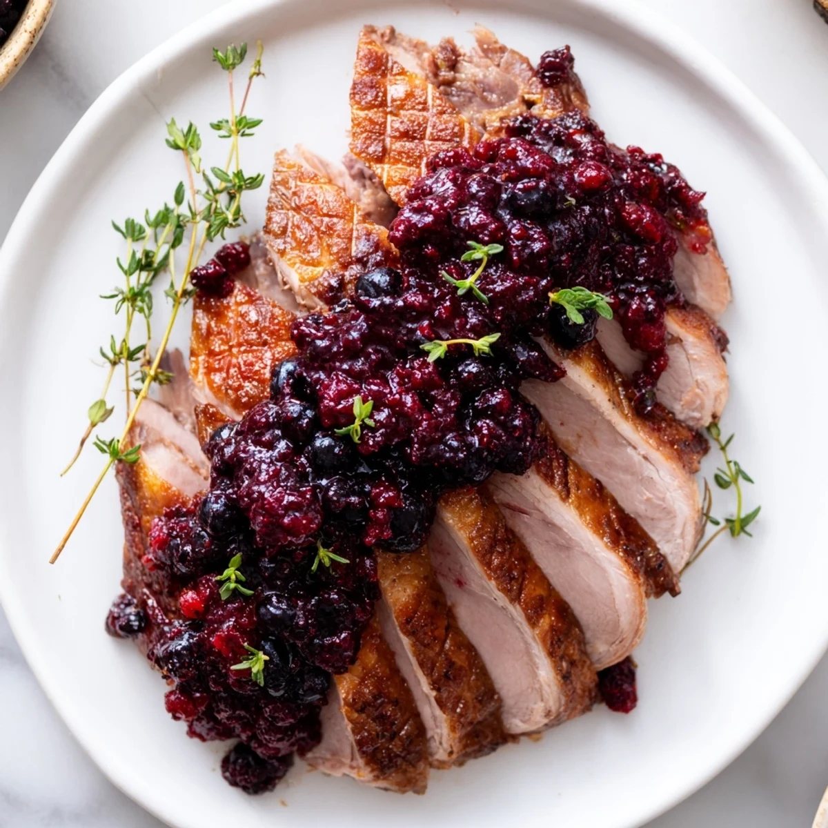 Succulent sliced duck breast plated with a vibrant mixed berry sauce and sprigs of fresh thyme, ideal for a special occasion dinner.