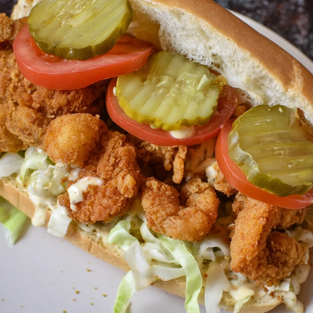 A freshly assembled New Orleans Shrimp Po Boy with remoulade on a crusty French roll, ready to be enjoyed hot.