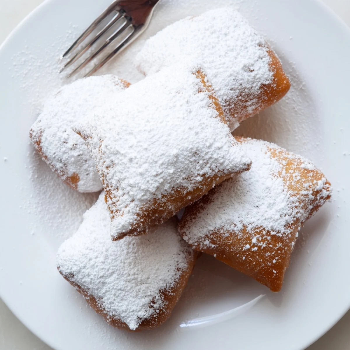 Golden-brown Mardi Gras Beignets on a plate, lightly dusted with powdered sugar in a festive kitchen setting.