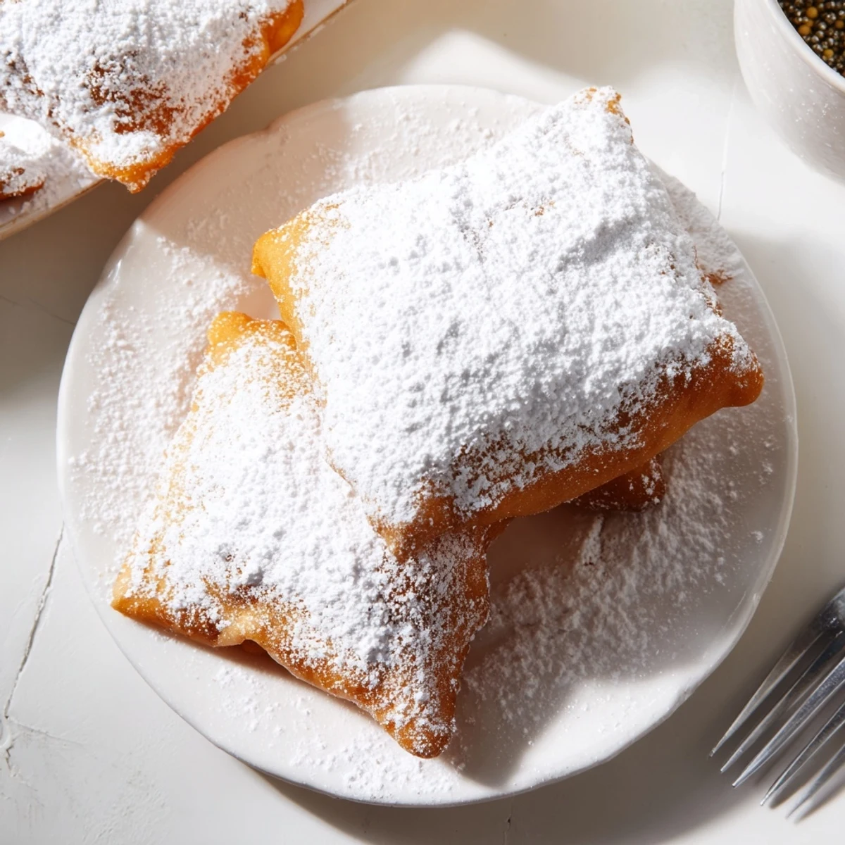 A close-up of pillowy Mardi Gras Beignets, steam rising as powdered sugar melts into the fried dough.