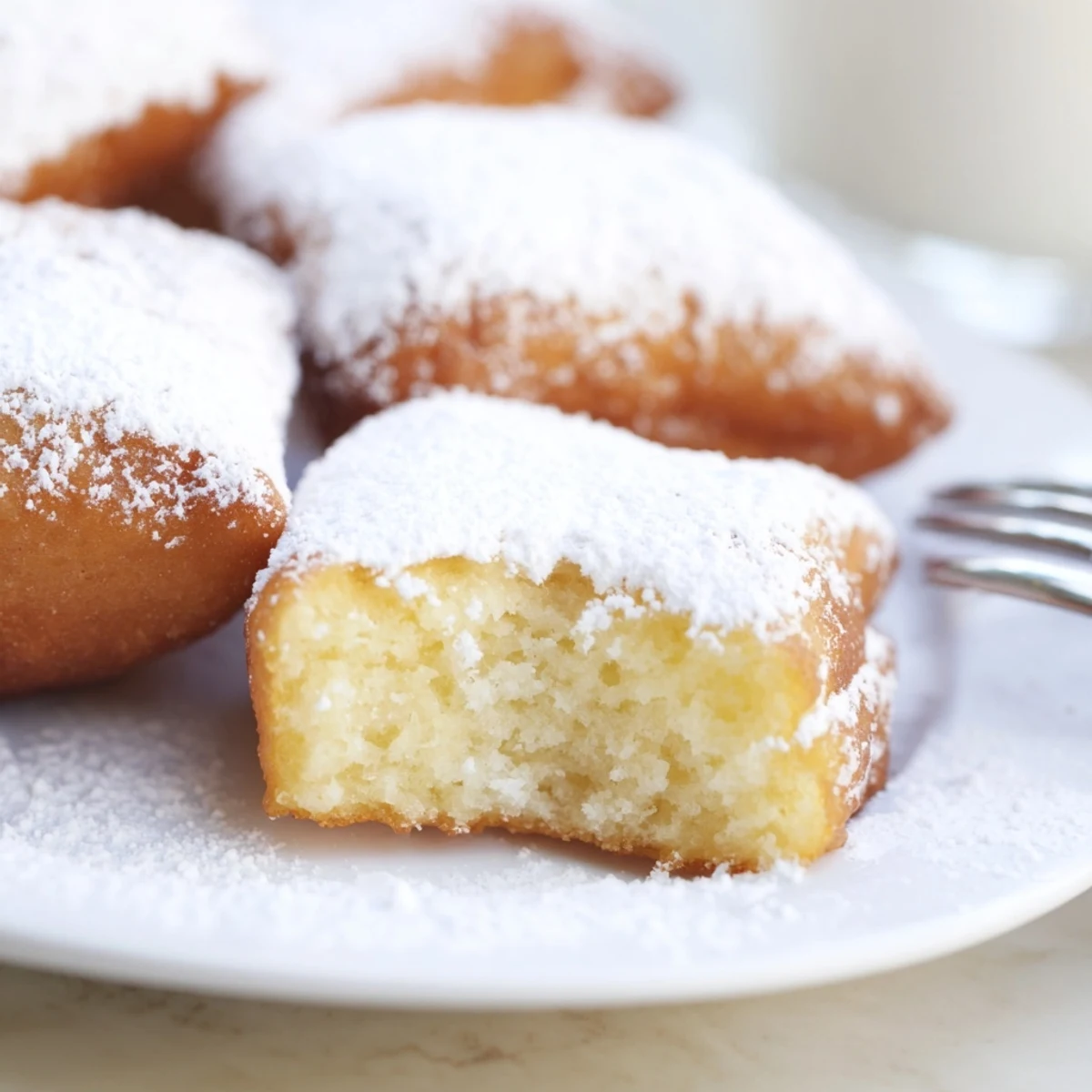 Freshly fried Mardi Gras Beignets piled high, perfect for a Mardi Gras celebration or cozy coffee break.