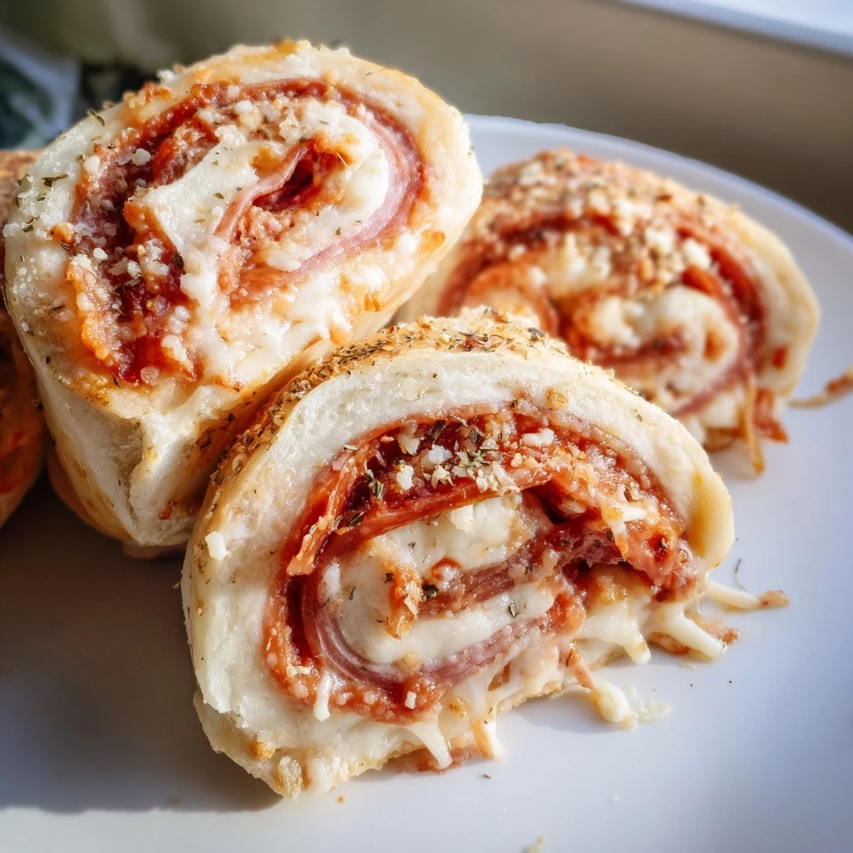 Oven-ready Game Day Pizza Rolls with Beef Pepperoni, brushed with olive oil and sprinkled with Parmesan and herbs.