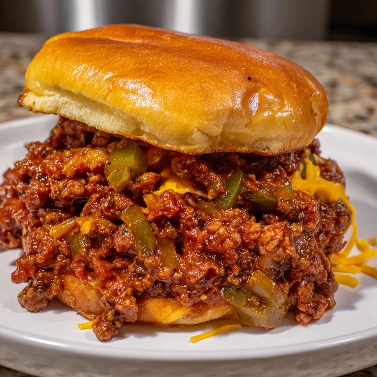 Golden, toasted hamburger buns stuffed with a hearty, saucy Beef Sloppy Joes mixture for a classic American dinner.