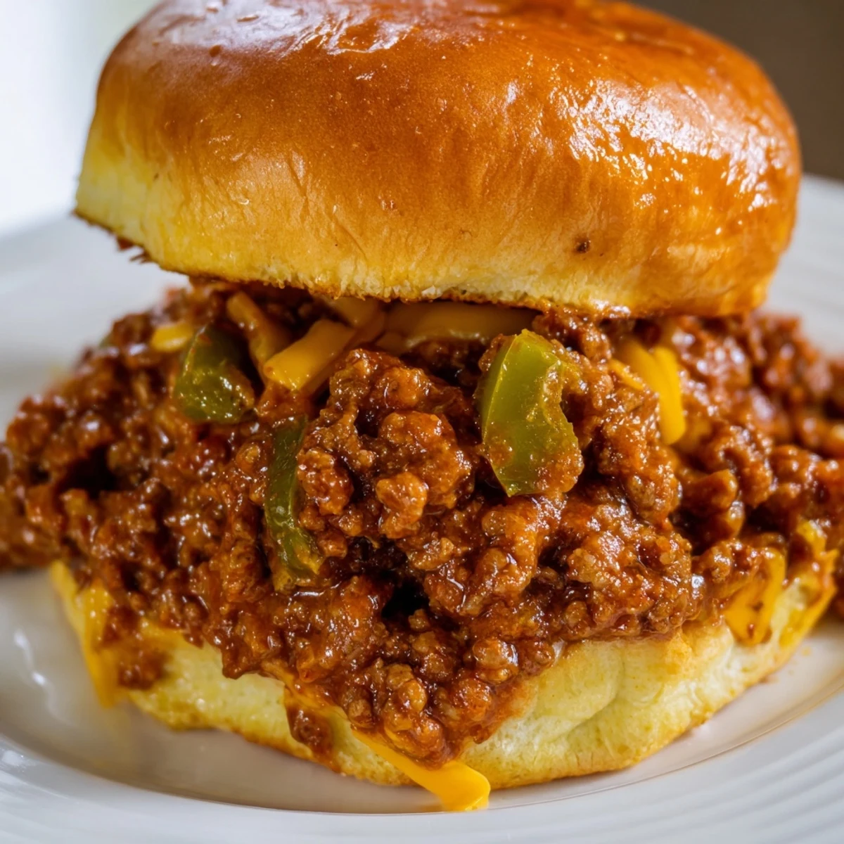 A close-up of savory Beef Sloppy Joes on toasted buns, garnished with a crunchy pickle slice for extra tang.