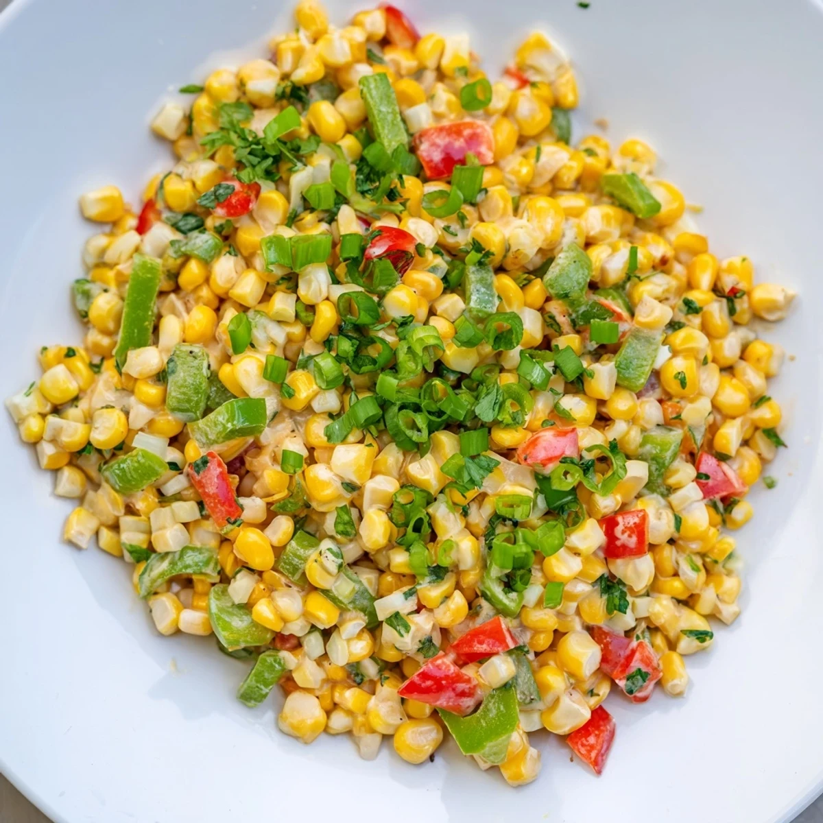 Creamy Creole Corn Maque Choux simmering in a skillet with red bell peppers and onions, giving off a rich, aromatic steam.