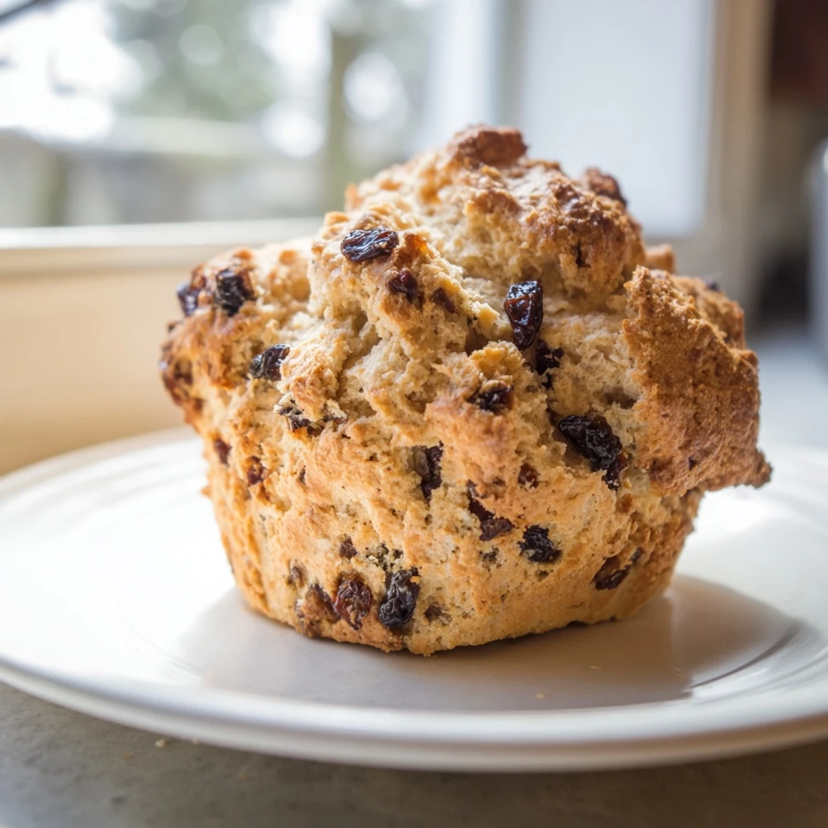 Freshly baked Irish Soda Bread Muffins with Currants with soft crumb, on a white plate with tea for breakfast.