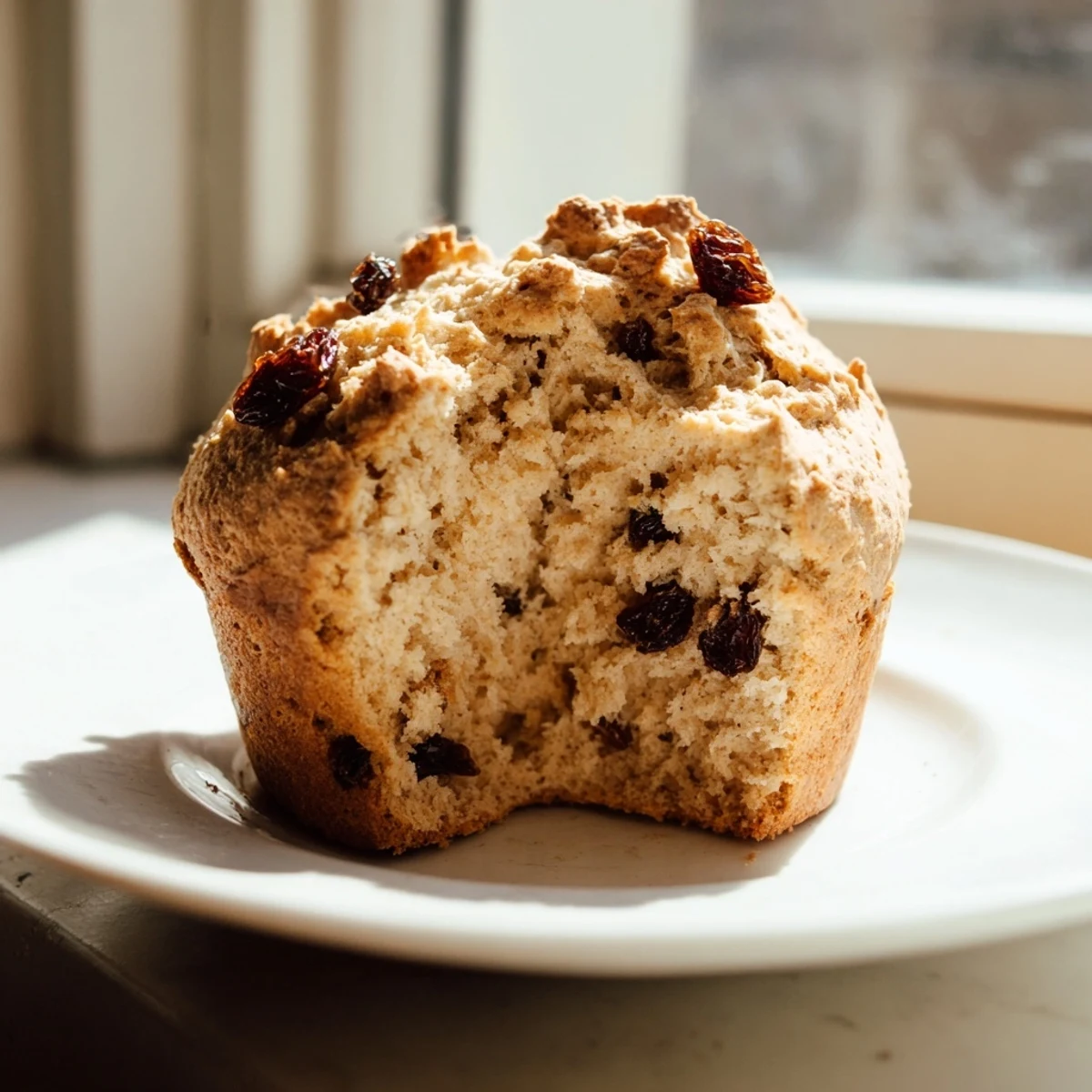 Golden-brown Irish Soda Bread Muffins with Currants with crackled tops, studded with currants, served on a rustic platter.