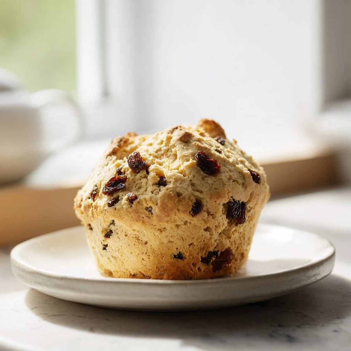 Golden Irish Soda Bread Muffins with Currants on a wooden board, cut open to reveal juicy currants inside.