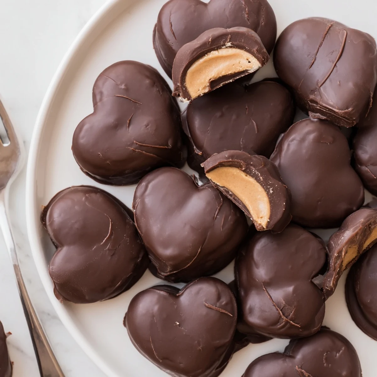 Chocolate Peanut Butter Hearts are dipped in rich dark chocolate and sprinkled with sea salt.