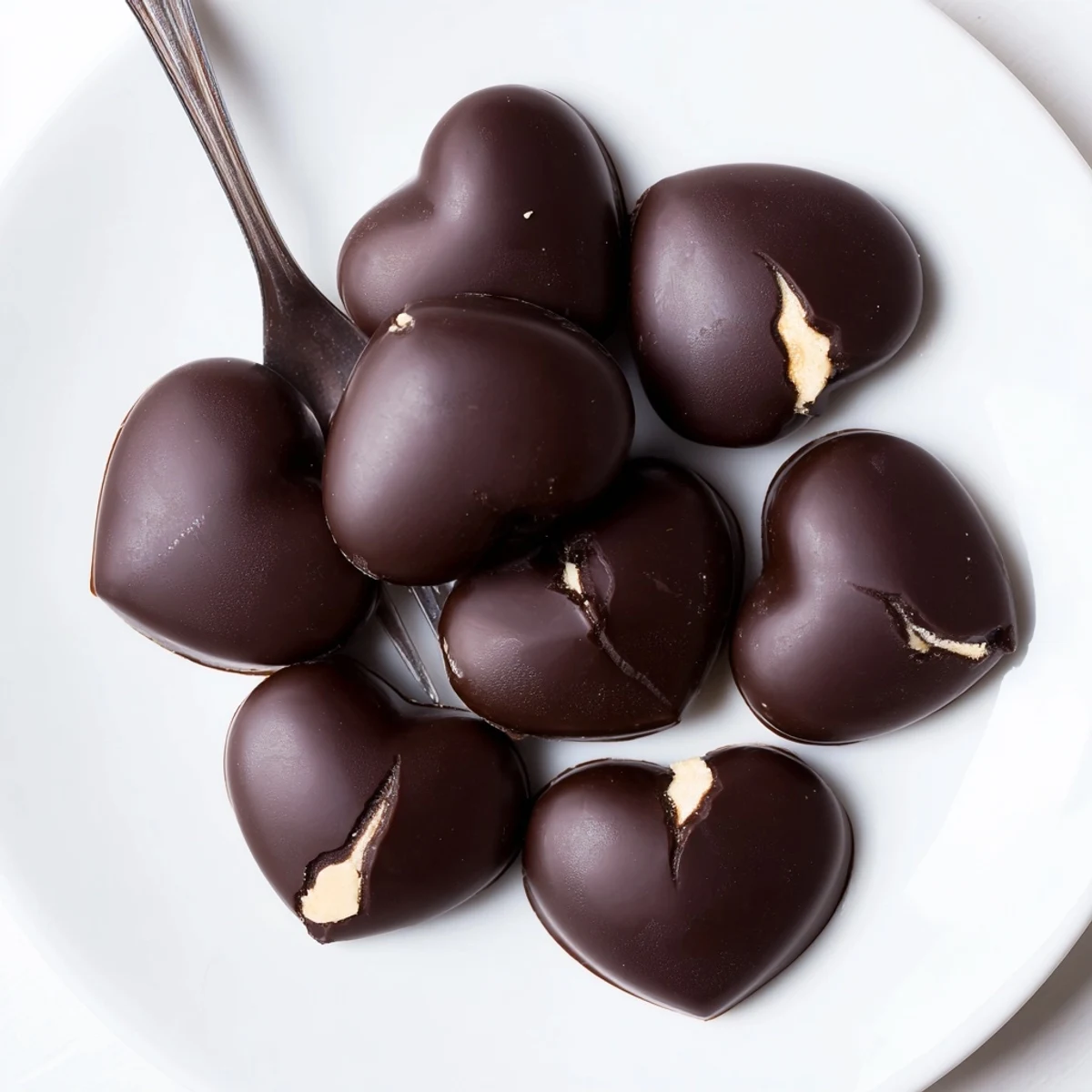 Decadent chocolate hearts filled with creamy peanut butter on a wooden board.