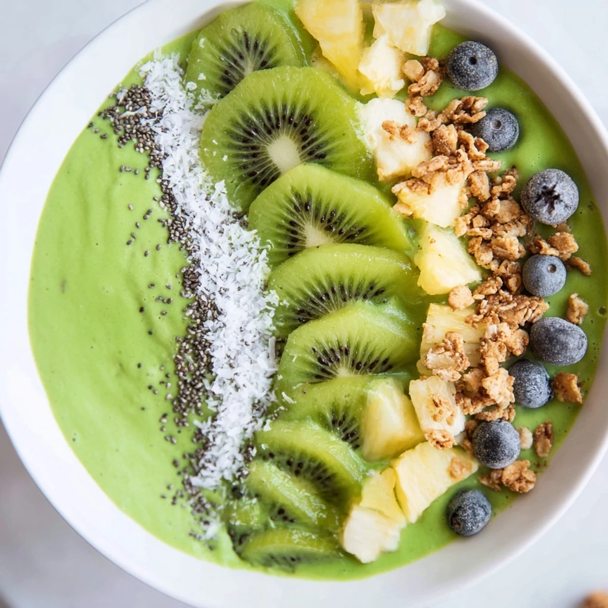 A vibrant green smoothie bowl topped with sliced kiwi, coconut flakes, and chia seeds.