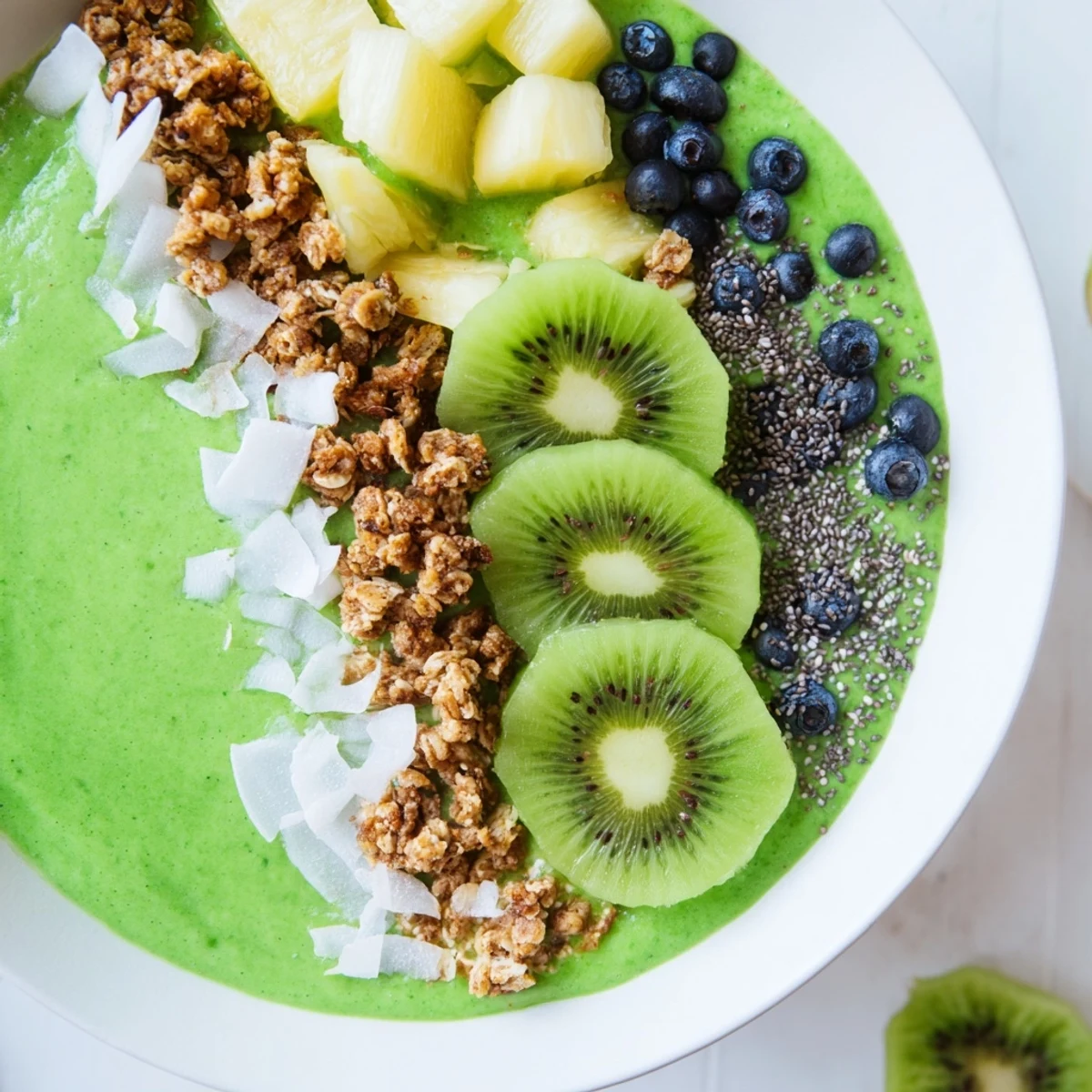 Healthy Green Smoothie Bowl with Spinach and Kiwi served in a white ceramic bowl.
