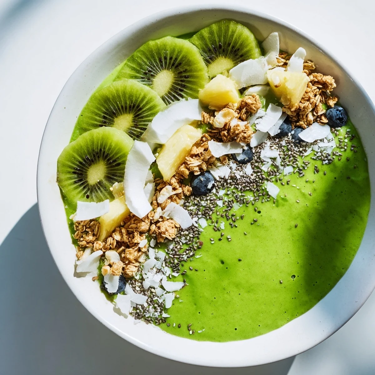 Refreshing vegan Green Smoothie Bowl with Spinach and Kiwi, ready to eat for breakfast.