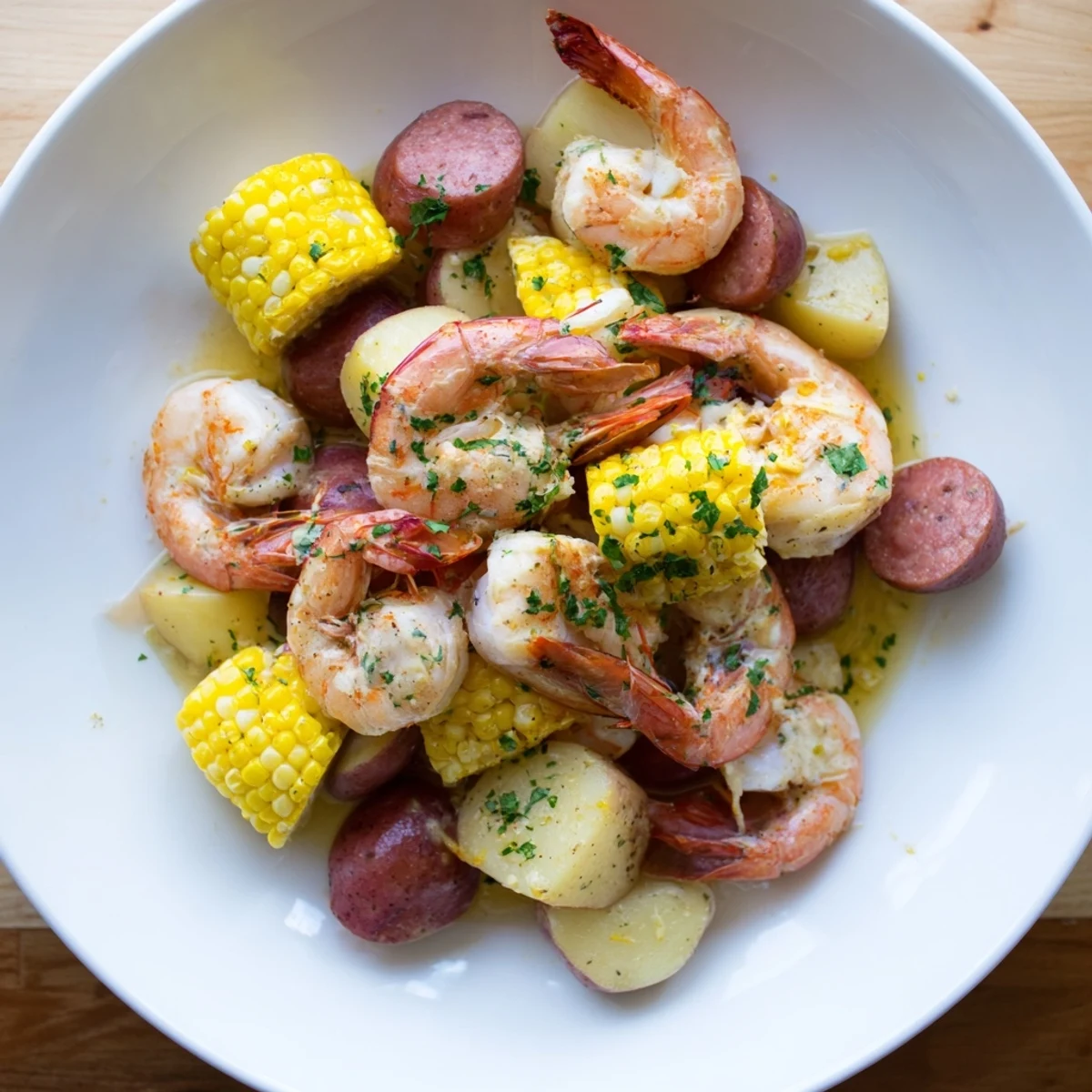 Festive Mardi Gras Shrimp Boil spills from a pot onto newspaper, featuring plump shrimp, corn cobs, and sliced sausage.