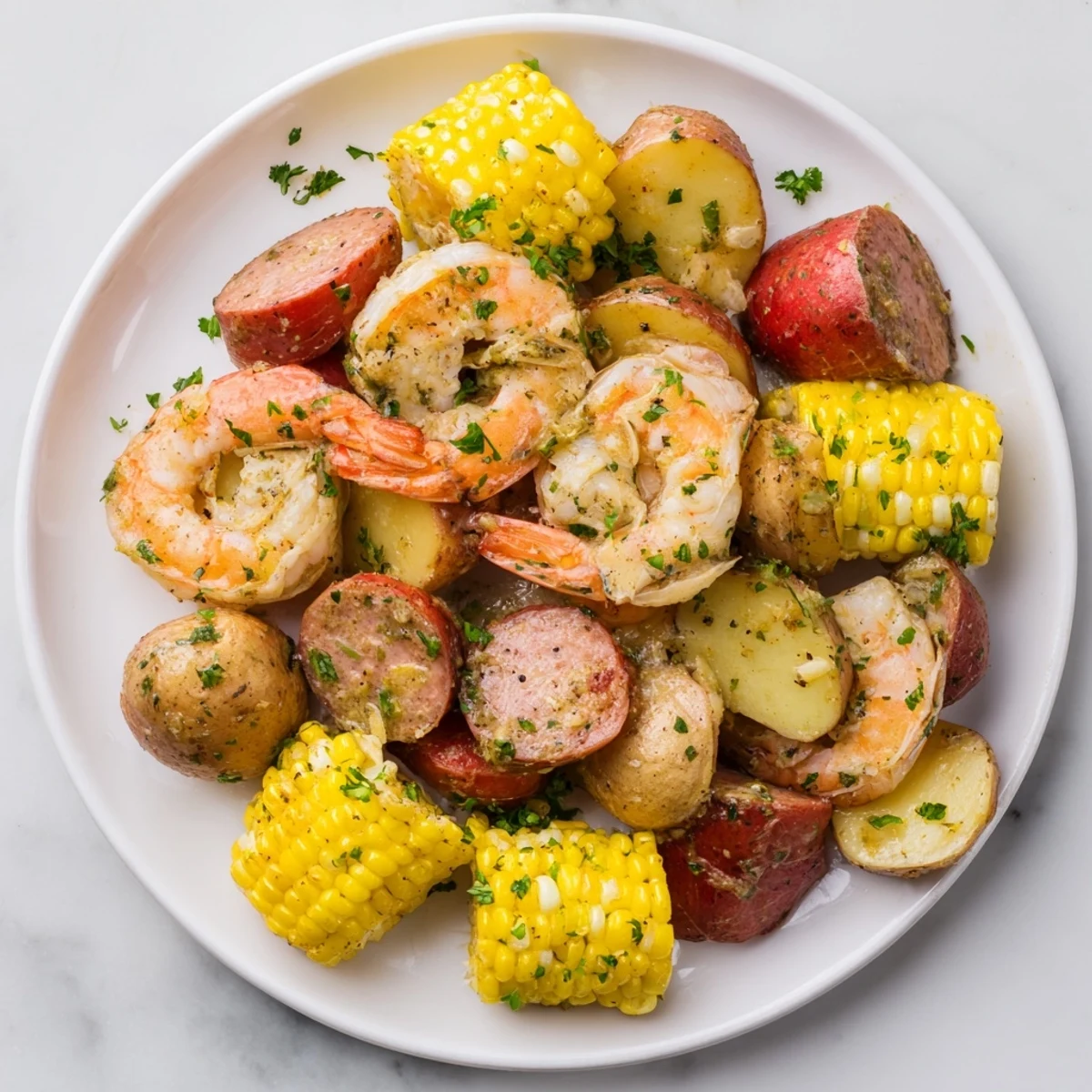 Ladle of spicy Mardi Gras Shrimp Boil with potatoes and corn, served with lemon wedges and melted butter.