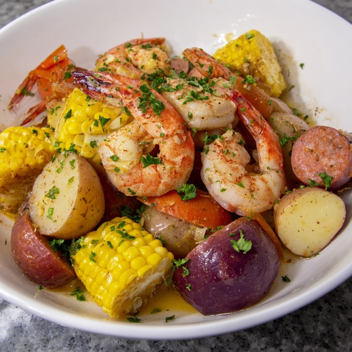Vibrant Mardi Gras Shrimp Boil with Cajun-seasoned shrimp, corn, and Andouille sausage on a platter for a party.