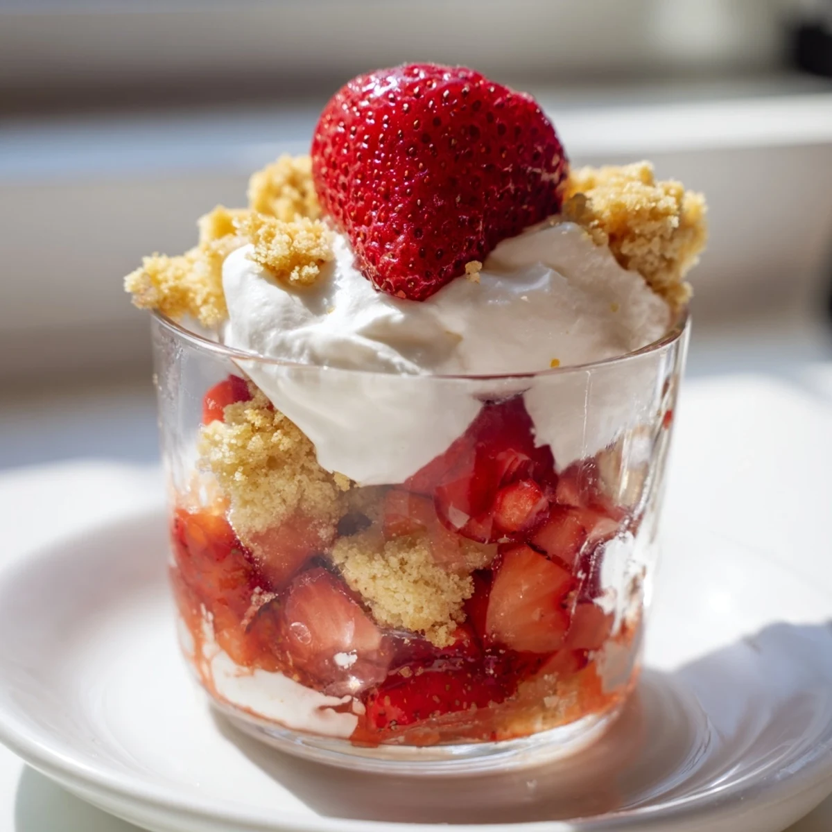 A single serving of Valentine Strawberry Shortcake Cups, featuring crumbled golden shortcakes layered with glossy red strawberries and billowy whipped cream, presented in a glass.