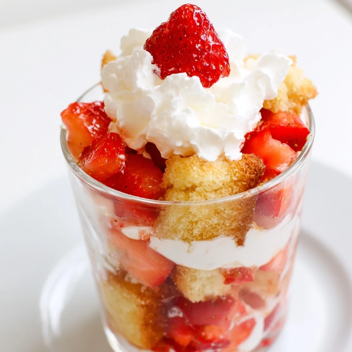 Heart-shaped Valentine Strawberry Shortcake Cups, easy American dessert recipe with buttery biscuits, juicy berries, and sweet vanilla whipped cream for a romantic treat.