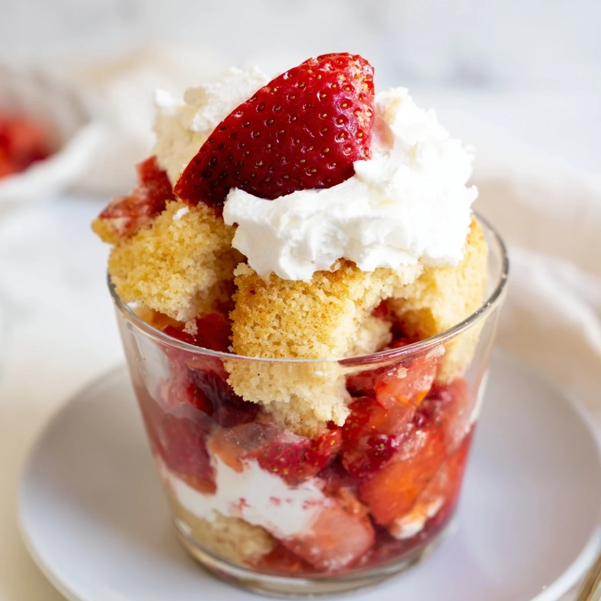 Clear glass reveals layers of Valentine Strawberry Shortcake Cups: toasted shortcake crumbles, syrupy strawberries, and cloud-like whipped cream, ready to serve immediately.
