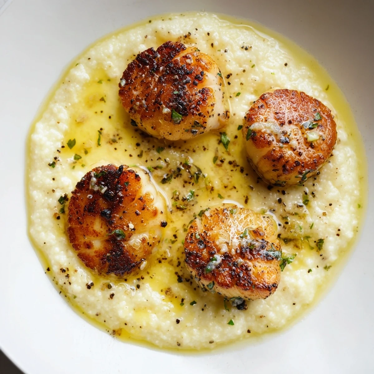 Golden seared Romantic Scallops with Polenta in lemon-herb butter, garnished with fresh parsley.
