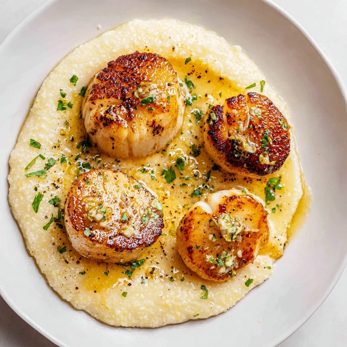 Two Romantic Scallops with Polenta on creamy Parmesan, ready for a romantic dinner.