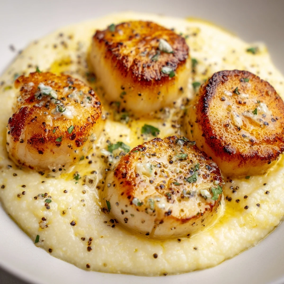 Close-up of Romantic Scallops with Polenta, drizzled with butter, perfect for pescatarian meals.