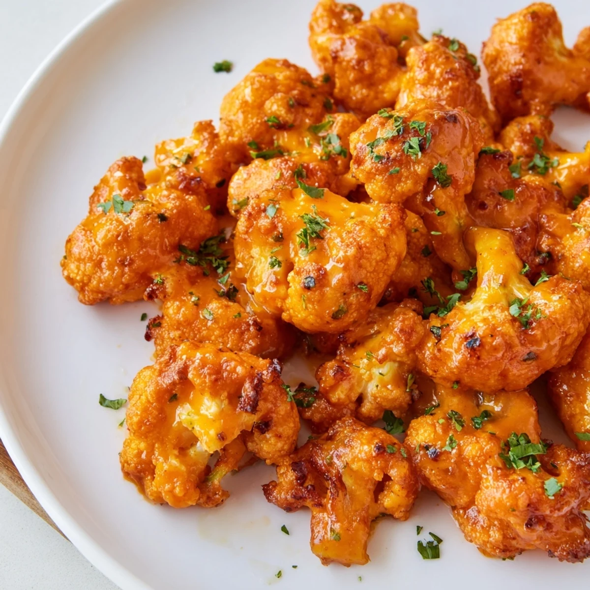 Golden brown Big Game Buffalo Cauliflower Wings coated in tangy red sauce on a platter.