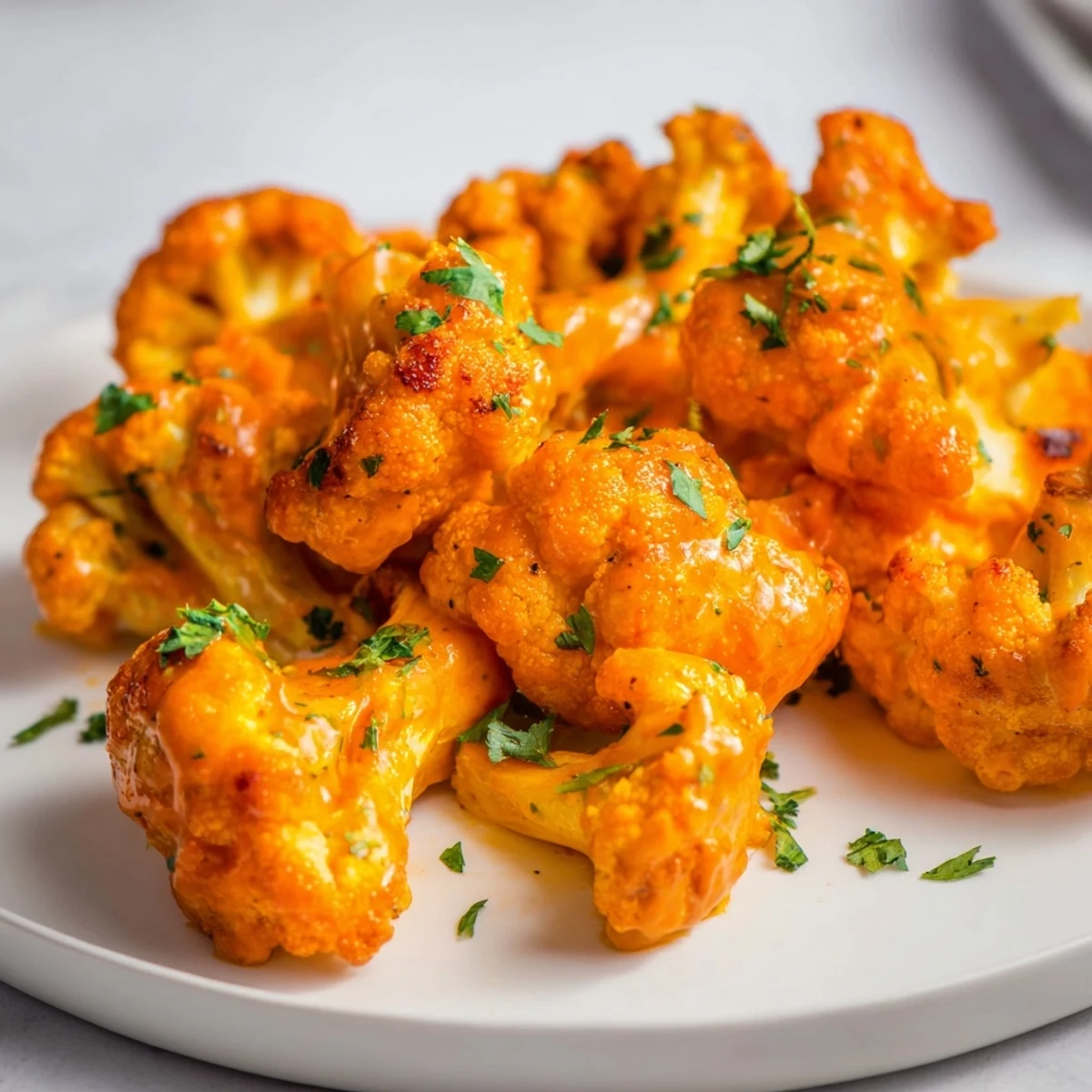 Spicy baked cauliflower bites glistening with buffalo sauce for a vegetarian game day snack.